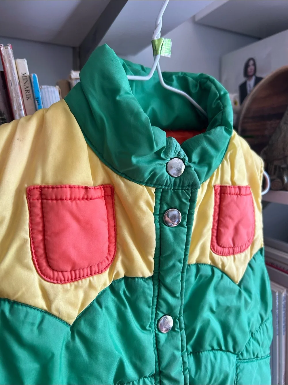 Vintage Green & Yellow Kids Puffer Vest with Red Accent